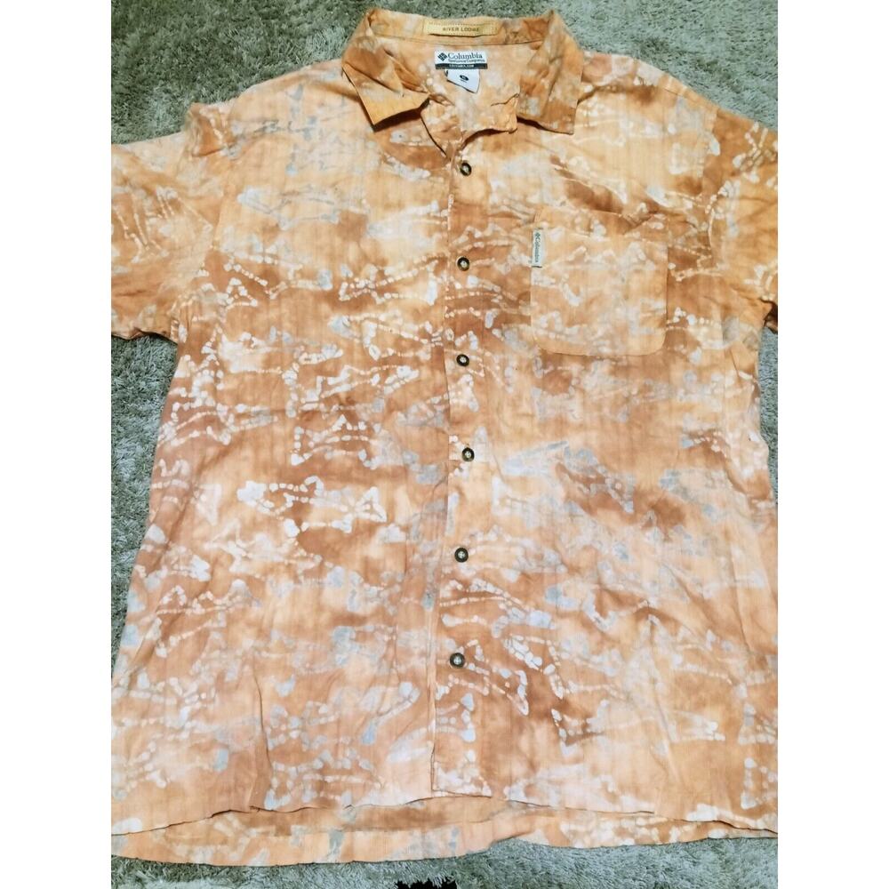 Men's COLUMBIA RIVER LODGE Sz XL Orange Fish Short Sleeved Button Front Shirt 🔥